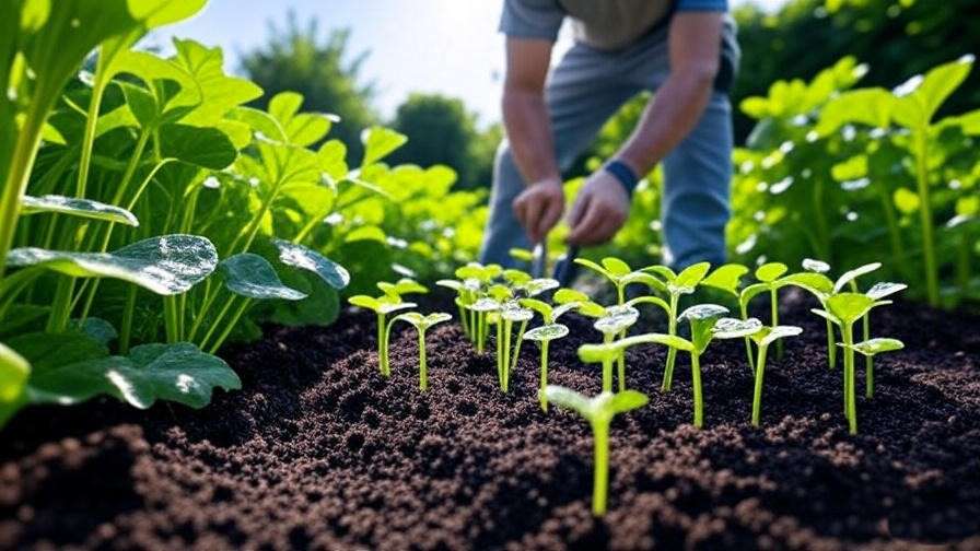  "Gardener transplanting miniature watermelon seedlings into soil with trowel". 