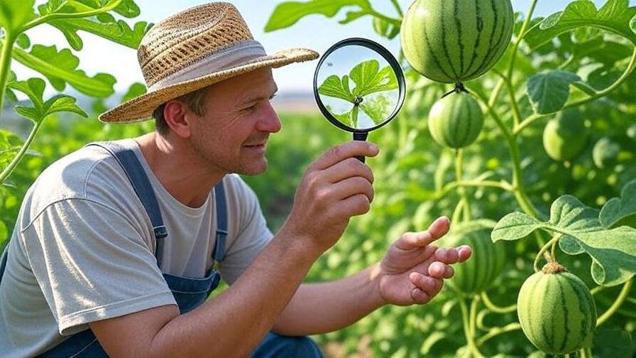 Farmer inspecting watermelon plant for aphids with magnifying glass". 