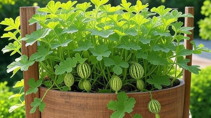 Sugar Baby watermelon plant on trellis in a container garden". 