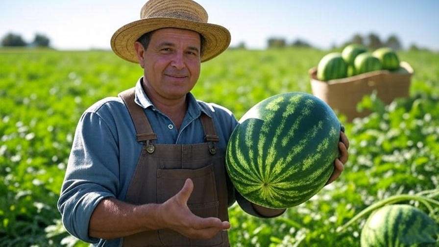 Farmer harvesting ripe watermelon with basket of fresh fruit