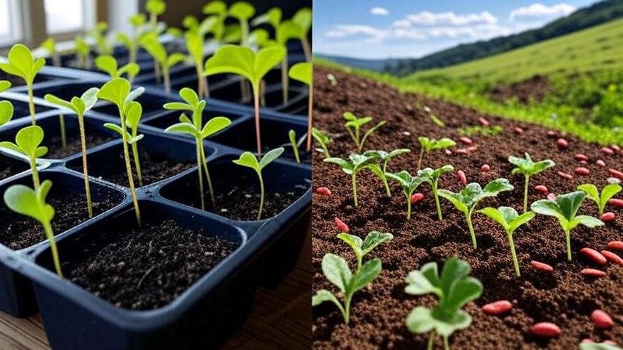 Indoor trays and outdoor hills with sprouting Crimson Sweet watermelon seeds.