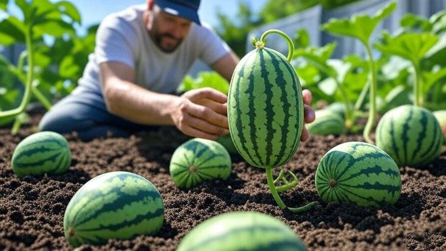  "Gardener checking ripeness of miniature watermelon with yellow belly". 