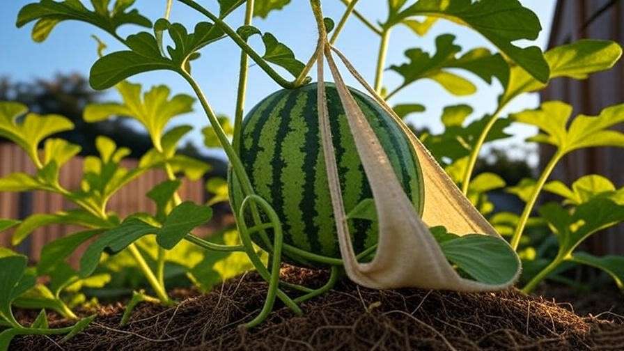 "Trellised sunshine watermelon plant with fruit in a sling" 