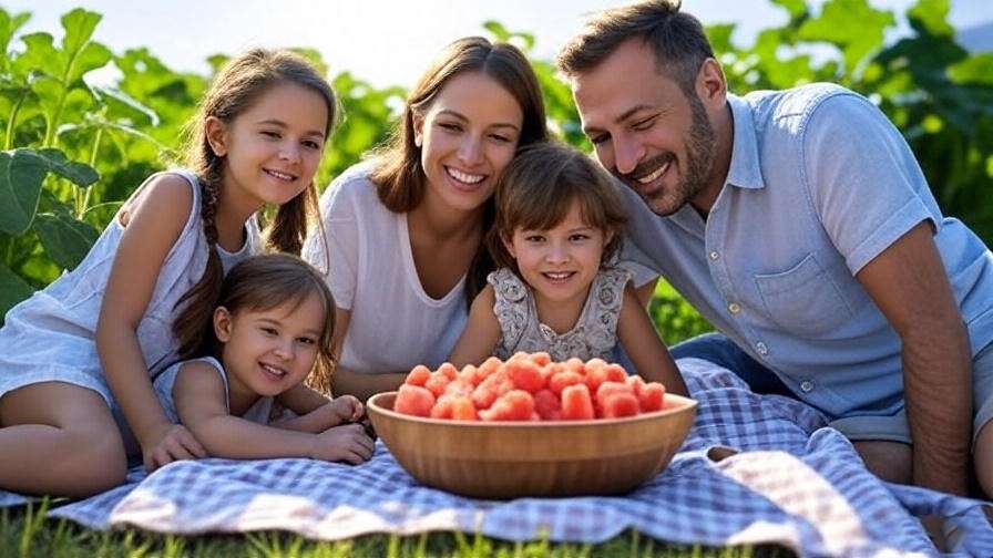 Family picnic with diced miniature watermelon in garden setting". 