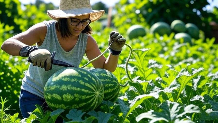 Gardener harvesting ripe sunshine watermelon with shears" 