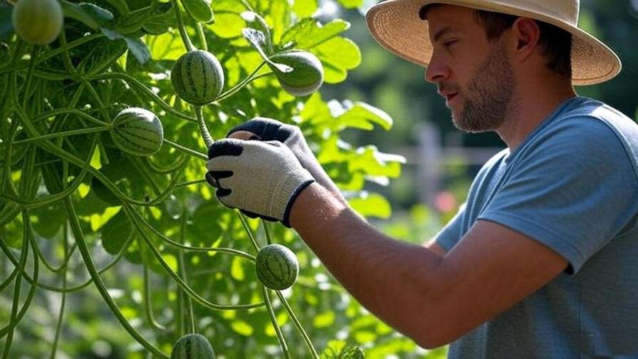 Gardener pruning Crimson Sweet watermelon vines on a trellis with slings