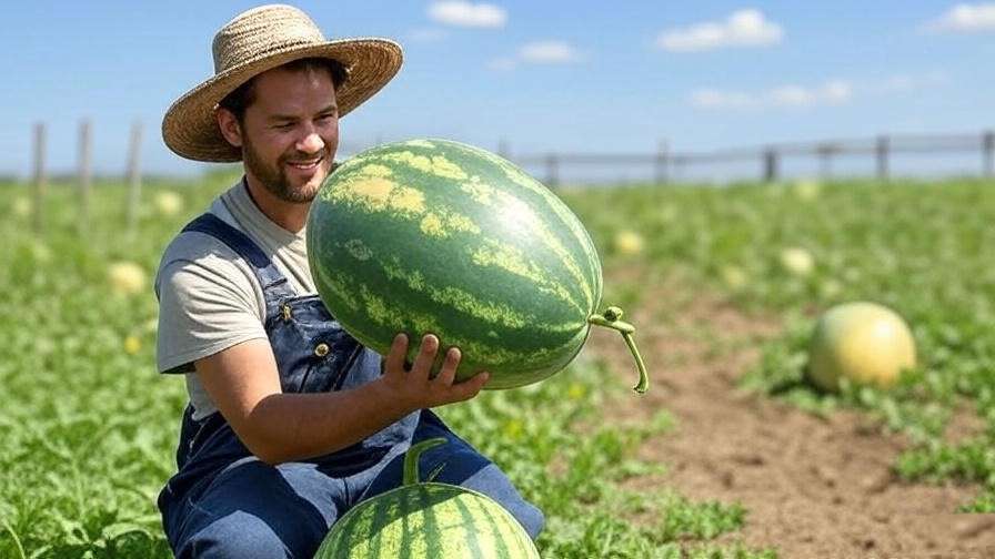 Gardener harvesting ripe Crimson Sweet watermelon with yellow belly. 
