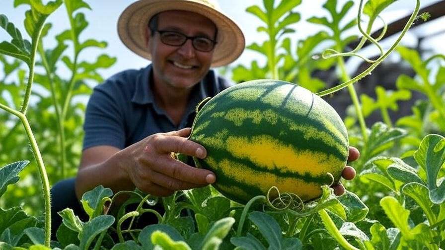 "Gardener harvesting ripe organic watermelon with yellow belly sign