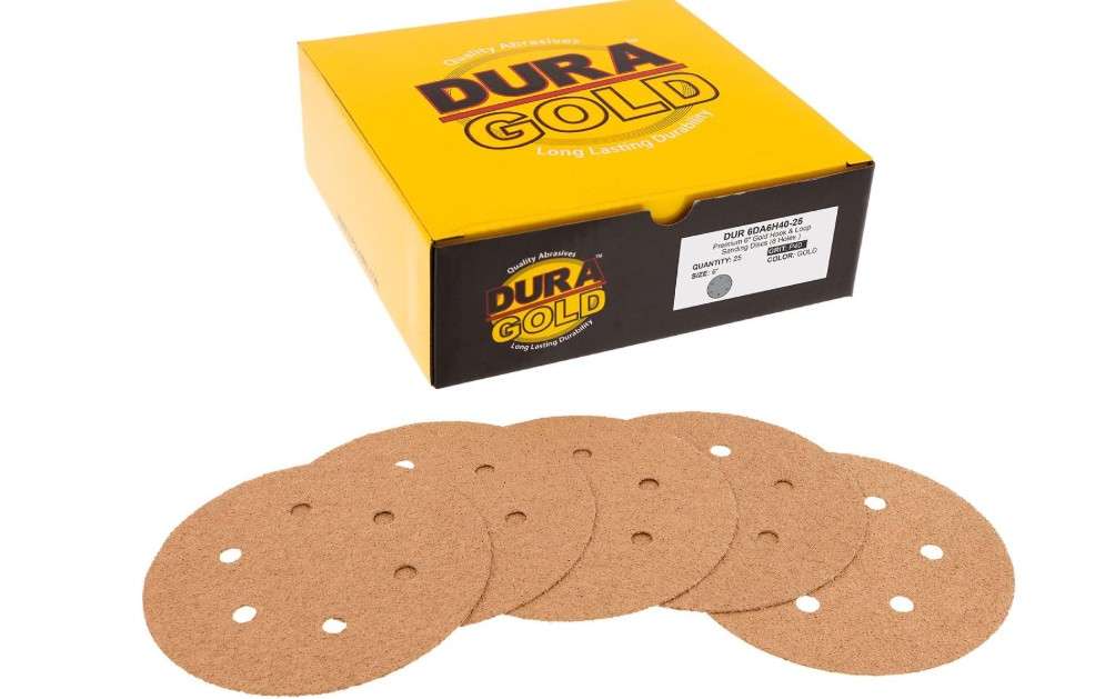  Dura-Gold Premium 40 Grit 6" Gold Sandpaper Discs, 6 Hole Pattern Dustless, Box of 25 - Hook & Loop Backing for DA Sander, Finishing Coarse Sanding