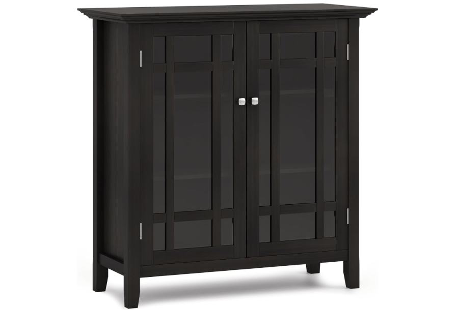 
SIMPLIHOME Bedford SOLID WOOD 39 inch Wide Transitional Medium Storage Cabinet in Hickory Brown, with 2 Tempered Glass Doors, 4 Adjustable Shelves