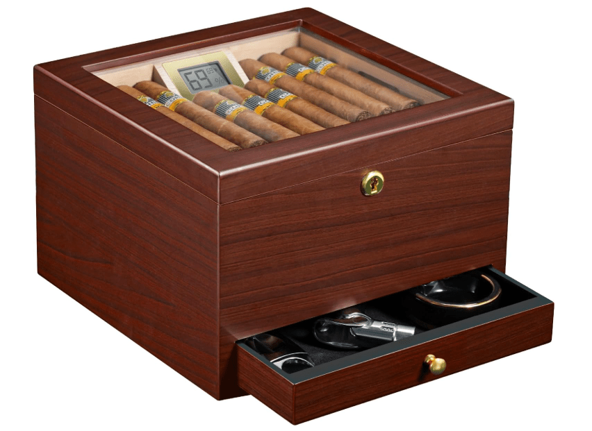 
Flauno Cigar Humidor with Lock, Air Circulation System, up to 70 Cigars, Spanish Cedar Wood, Accurate Digital Hygrometer, Drawer, Humidifier, Divider,