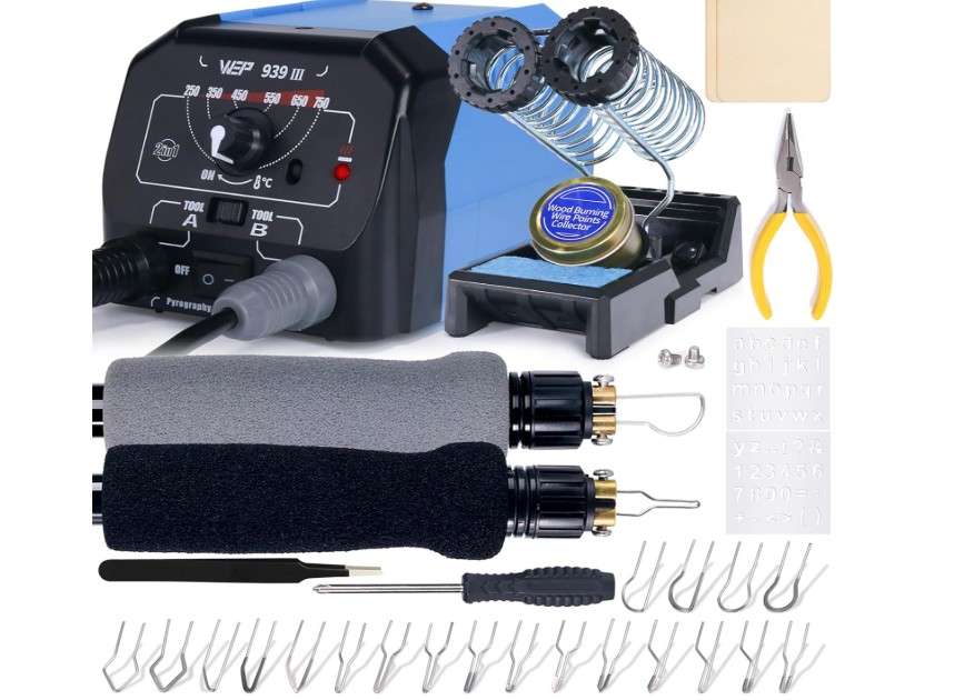 
WEP 939-III Dual Pen Wood Burning Kit 34-IN-1 with 20 Woodburning Tips Soft-Grip Pyrography Pen with 2 Stencils, 2 Unfinished Wood, 1 Pen Holder.