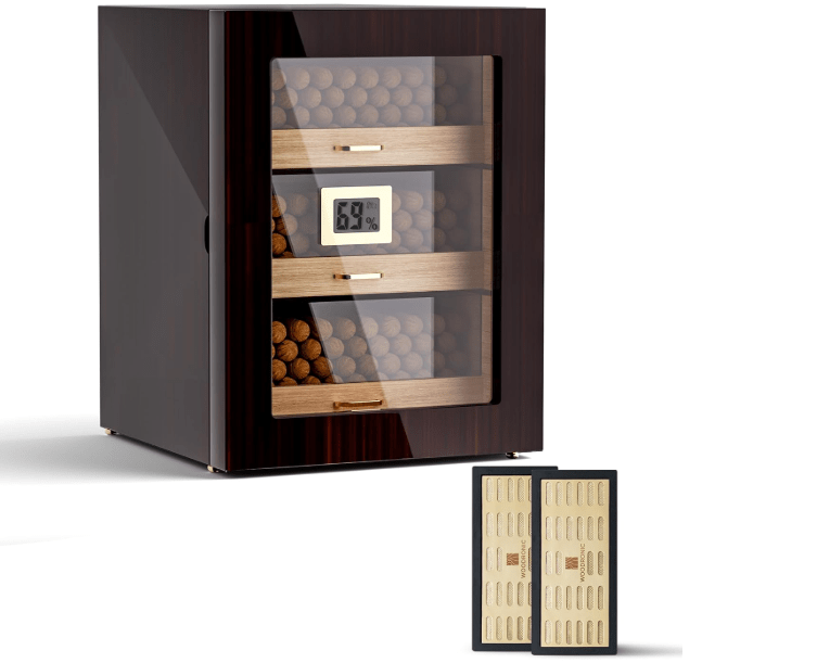 
Woodronic Cigar Humidor Cabinet for 150 Counts with Spanish Cedar Lining, Crystal Gel Humidifiers, Digital Hygrometer & Larger Drawers, Glossy Ebony
