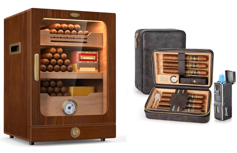 Tesonway Cigar Humidor Cabinet and Travel Humidor Cigar Box, Light Control System, Cedar Wood Shelves, Hygrometer, 3 Humidifiers, Leather 