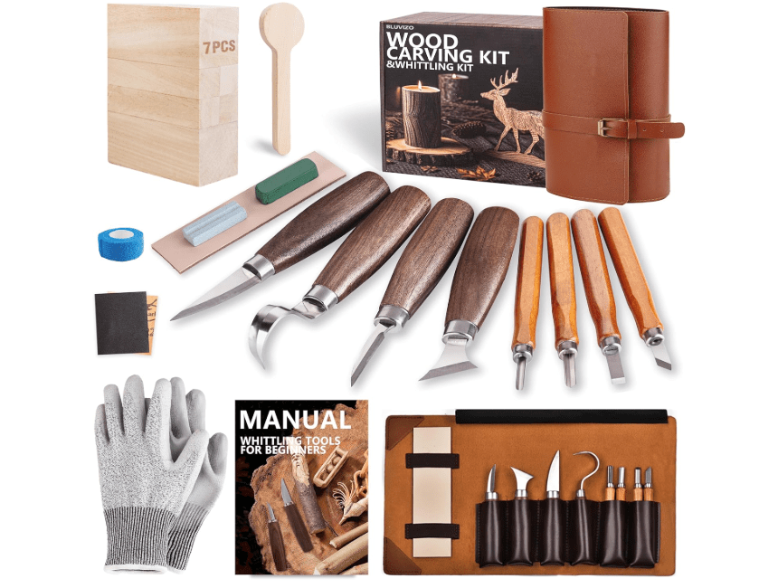 
Wood Carving Kit Whittling Kit: Deluxe Wood Carving Tools Set with Leather Case - Wood Carving Knife with Basswood Blocks Woodworking Widdle Gift