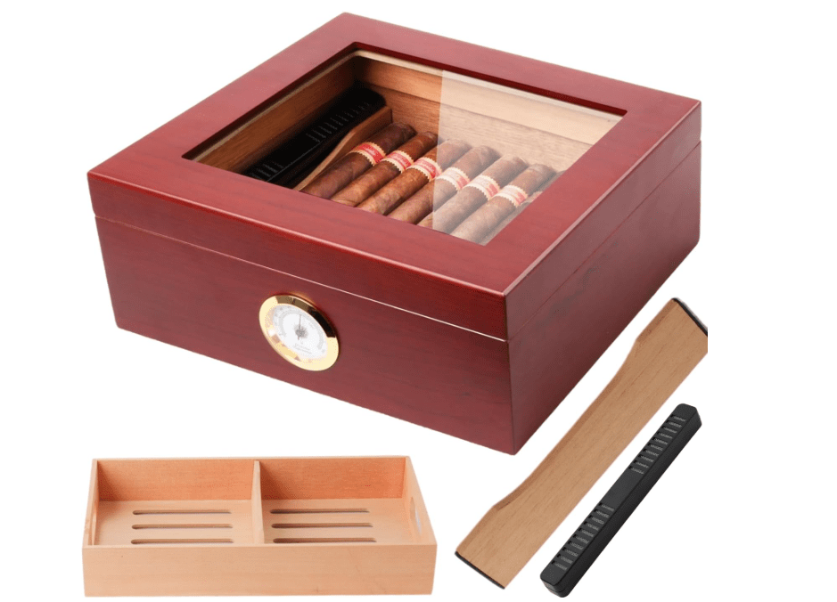 
Mantello Cigars Glass Top Cigar Humidors - Humidor Cigar Box with Humidifier, Spanish Cedar Tray, Divider, and Hygrometer - Gifts for Men, Holds 25 to 50 Cigars
