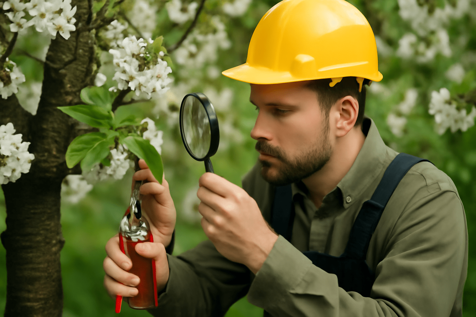 A man in a yellow hard hat examines tree blossoms with a magnifying glass. He holds clippers, suggesting a focus on plant care and attention to detail.