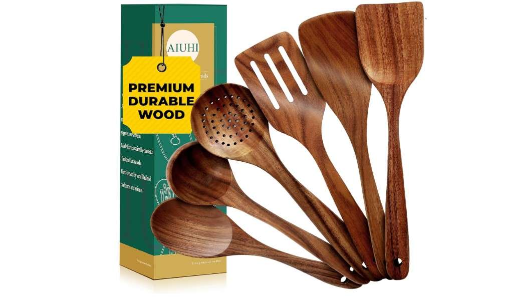 AIUHI Nonstick Natural Wooden Kitchen Utensils Set, Smooth Finish Teak Wood Spoons for Cooking, Comfortable Grip Spatula for