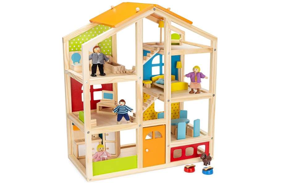 
PIDOKO KIDS Skylar Wooden Dollhouse - Includes 20 Pcs Furniture Accessories, 5 Family Dolls and a Pet Dog - Wood Doll House for 3 4-5 Year Old Girls & Boys
