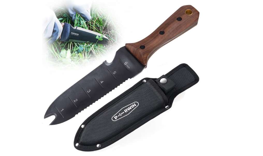  PERWIN Hori Hori Garden Knife, Garden Tools with Sheath for Weeding,Planting,Digging, 7" Stainless Steel Blade with Cutting Edge, Full-Tang walnut Wood...