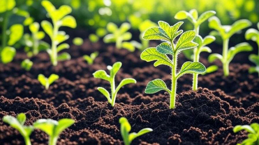 "Close-up of fertile soil with a young Congo watermelon seedling sprouting." 