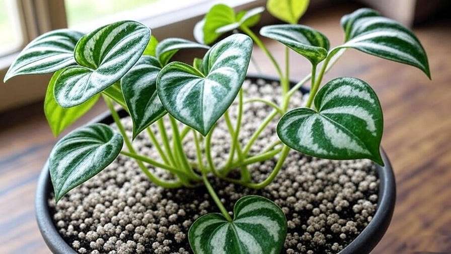  "Close-up of a Watermelon Congo plant with green and silver striped leaves in a well-draining pot" 