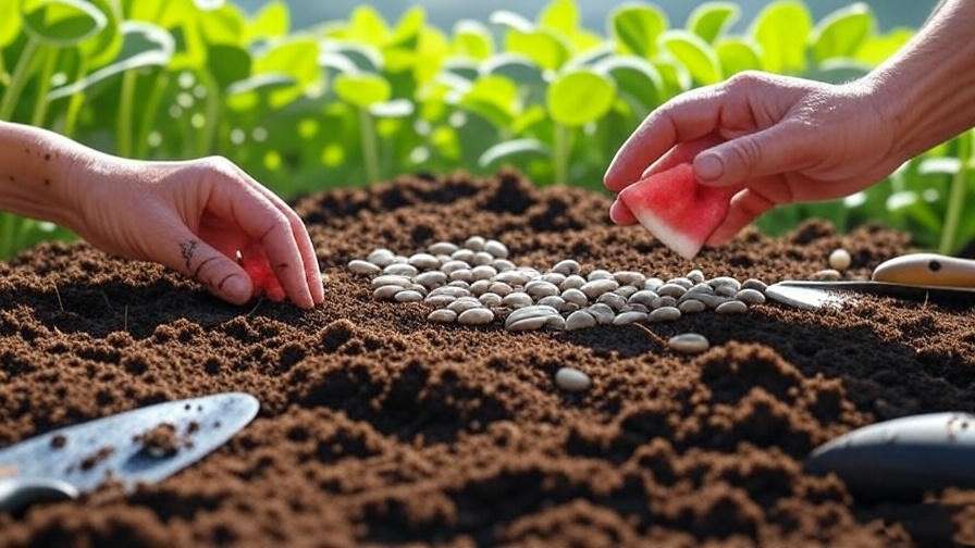 "Gardener planting hybrid watermelon seeds in fertile soil with seedlings and tools". 