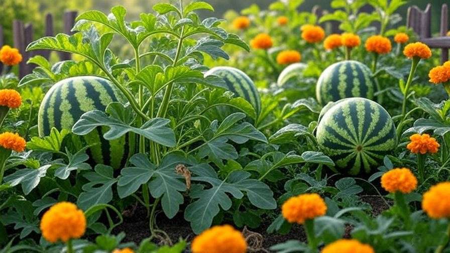 Historical garden with old watermelon painting, lush vines, and marigold flowers against a wooden fence.