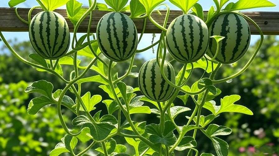 "Congo watermelon plant vines trained on a trellis with slings supporting fruits."