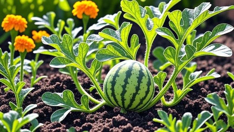 "Close-up of a watermelon plant with green leaves and marigold flowers in a sunny garden." 