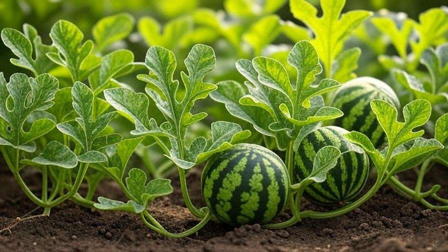 Congo watermelon plant with powdery mildew next to healthy plants.