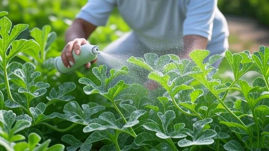 "Gardener treating hybrid watermelon plants for powdery mildew in a garden". 