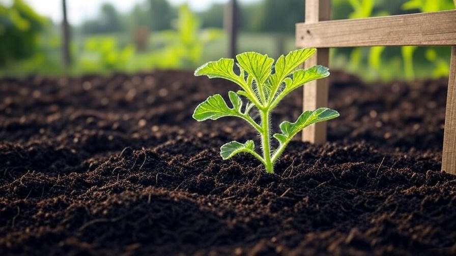 Garden setup with compost, watermelon seedling, and trellis for vine support