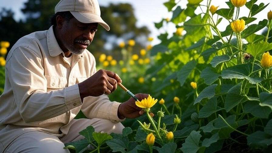 "Gardener hand-pollinating Congo watermelon flower with bees nearby."