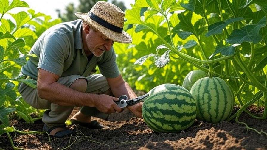 "Farmer harvesting ripe hybrid watermelon with shears in a garden". 