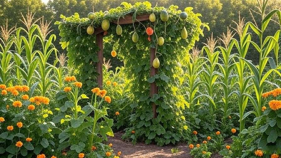 Vibrant garden with watermelon vines on trellis, corn, beans, and marigolds.