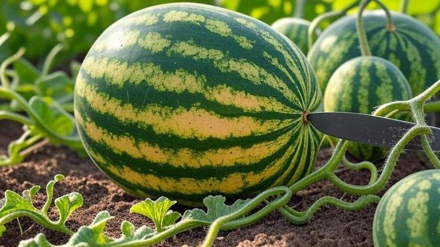 Harvesting a ripe Congo watermelon with a yellow belly in a garden