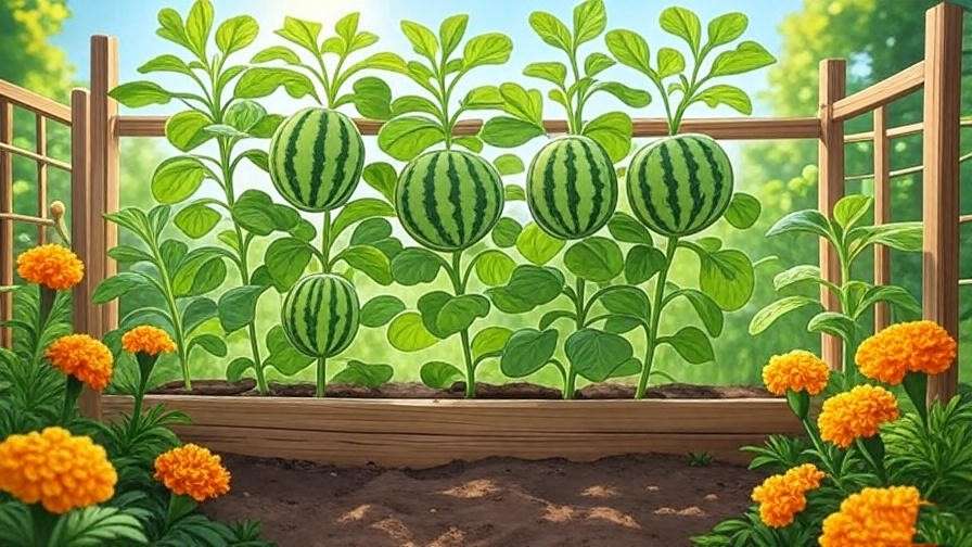 "Infographic of hybrid watermelon trellis with marigolds in a small garden"