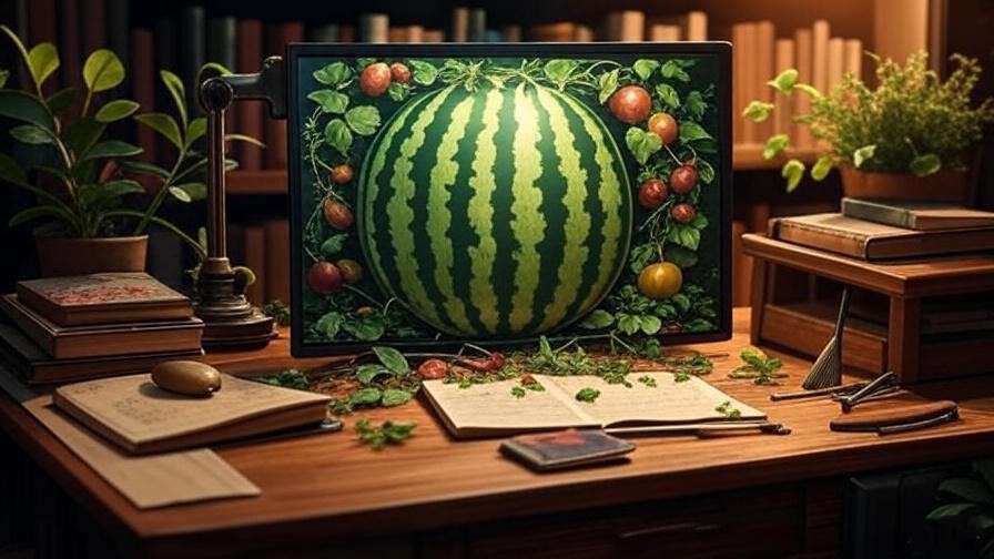 Cozy study with old watermelon painting on screen, gardening tools, and botanical books