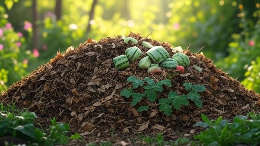 Compost pile with organic watermelon vines and leaves for recycling