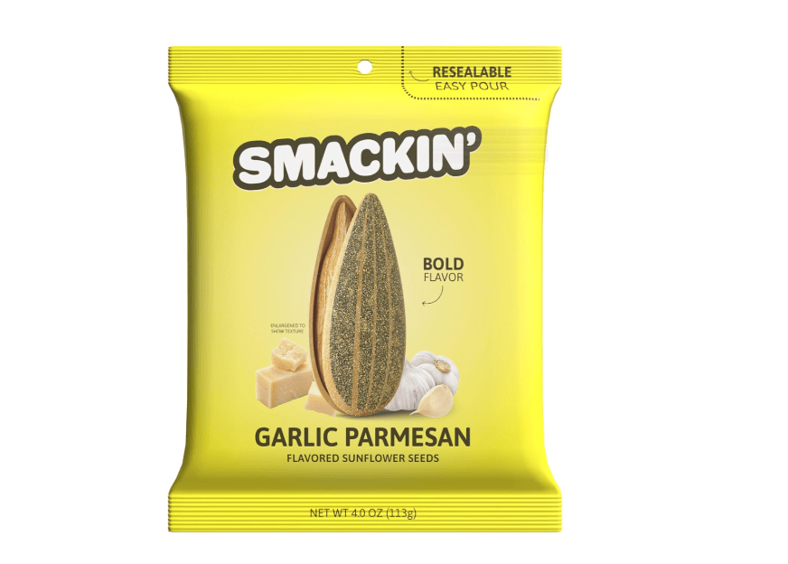 
SMACKIN' - Jumbo Roasted Sunflower Seeds, No Salty Burn, American Made, Easy Pour & Seal - Garlic Parmesan, 4oz ba