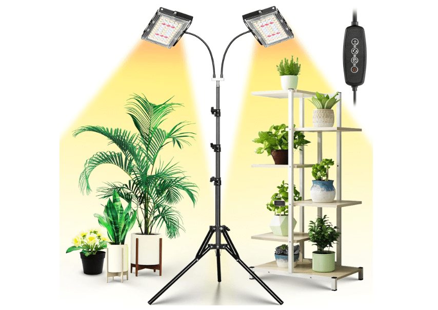  LBW Grow Light for Indoor Plants, Dual Heads Full Spectrum LED, Auto On/Off Timer, 6 Dimmable Levels, 3 Switch Modes, Adjustable Tripod Stand 15-63 inches