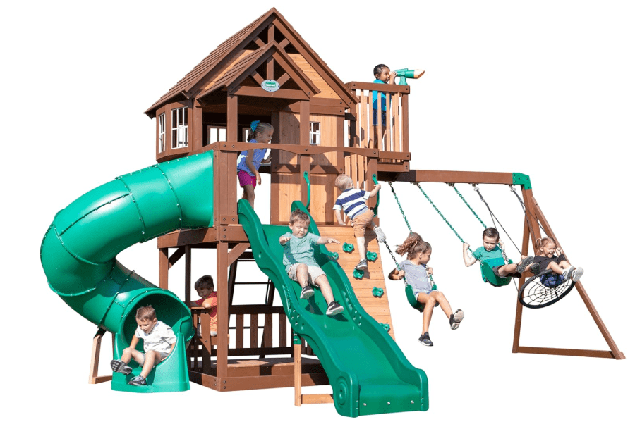  Backyard Discovery Skyfort All Cedar Swing Set, Elevated Covered Wood Roof Clubhouse with Bay Windows, 2 Belt Swings, Web Swing, 10ft Wave Slide, 5 ft Tube.