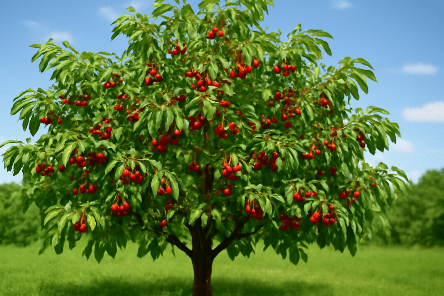 A lush apple tree with vibrant red apples and dense green leaves stands in a sunny, open field under a clear blue sky, conveying a sense of abundance.