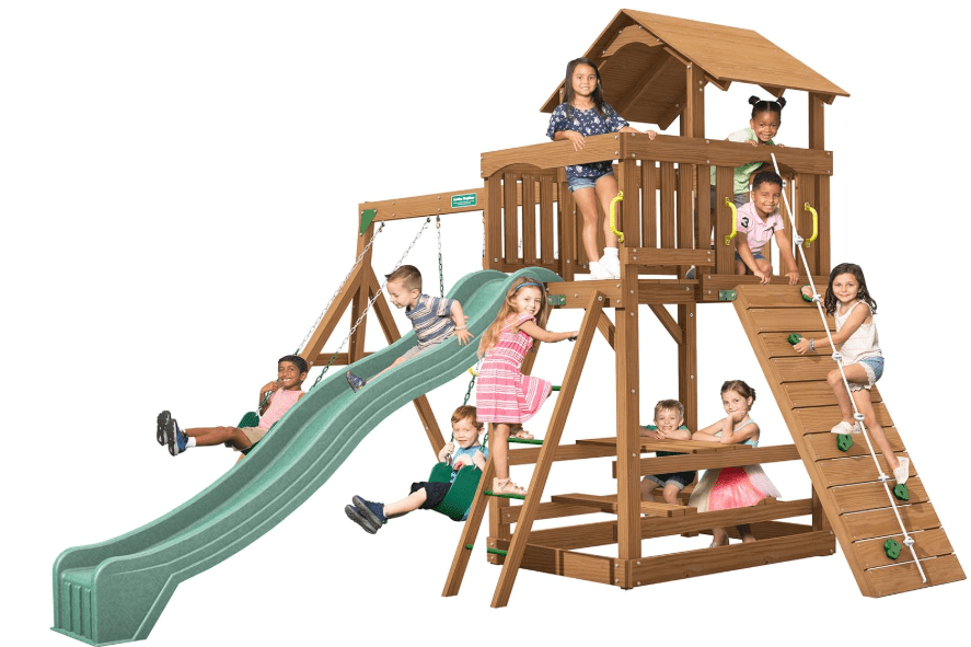 Creative Playthings Spring Hill Wooden Swing Set (Made in The USA), Includes Kids Climbing Wall, Playground Swings and Slide, 15 x 14 x 11 ft