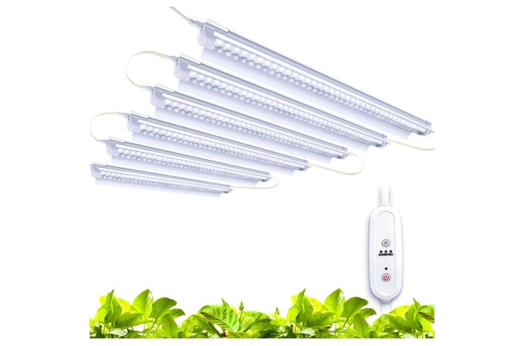 
Monios-L T8 LED Grow Light 2FT, 5000K Daylight White, 144W(6x24W) High Output Plant Grow Light Strip with 9/12/15H Timer, Full Spectrum Sunlight Replacement