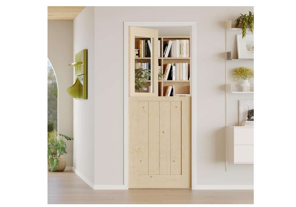  Lakenyon 30in. x 80in. Interior Dutch Door, Half Clear Glass Split Single Door Slab, Modern Style Farmhouse Closet Doors, Natural Pine Wood