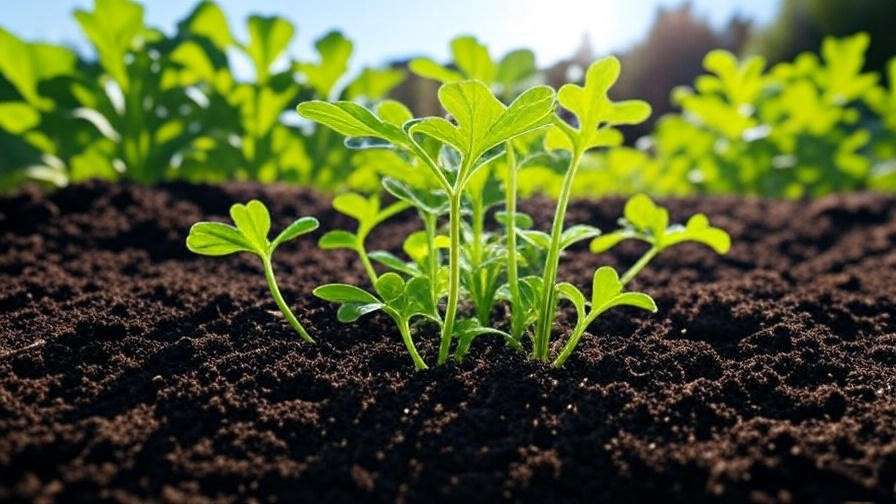 Well-prepared garden bed with compost and sprouting watermelon seedlings under sunlight". 