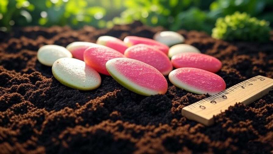  "Close-up of giant watermelon seeds on loamy soil with ruler for scale." 