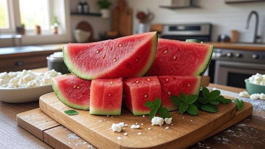 "Sliced rattlesnake watermelon with salad ingredients on cutting board."

